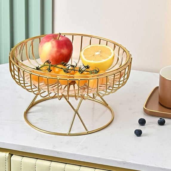 YIMWNYI Elegant Fruit Bowl Pedestal, Decorative Tray for Kitchen & Dining Table, Multi-Functional Countertop Organizer with Golden Base, Home Decor Accent