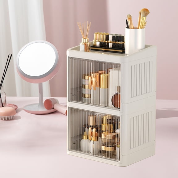 YIMWNYI Foldable Double Door Storage Box, White Multilayer Plastic Organizer, Space-Saving Drawer Box for Stationery, Cosmetics & Skin Care, Compact Storage Box with Flat Cover