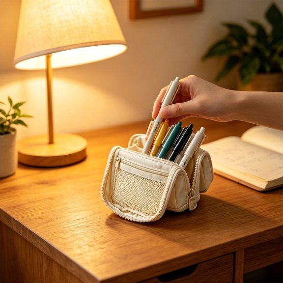 YIMWNYI Foldable Standing Pencil Case, Large Capacity Pen Pouch, Multi Compartment Stationery Organizer, Phone Stand for Office, Adults, Stylish Makeup Bag, Travel Pouch, Durable Canvas Design