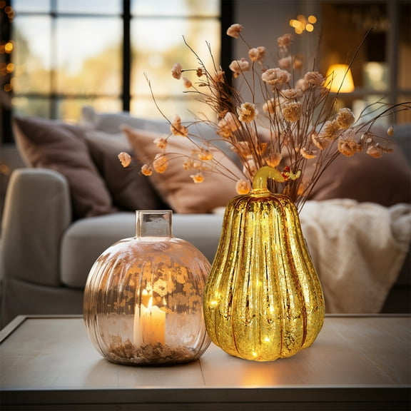 YIMWNYI Gourd Shaped Glass Pumpkin Lamp, Halloween Lantern Decorative Lights, LED Pumpkin Night Light for Home Decor, Autumn Festival Centerpiece, Spooky Ambiance Decor