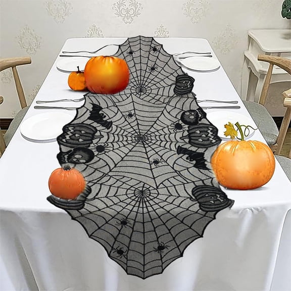 YIMWNYI Halloween Cobwebs Pumpkin Lace Table Runner, Spooky Decor for Dining Table, Perfect for Parties, Versatile Decoration for Home, Easy to Clean Table Linen