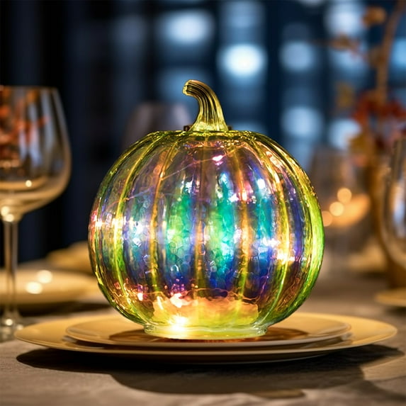YIMWNYI Halloween Glass Pumpkin Lantern Night Light, Multi-Color Decorative Lamp, Battery Operated Pumpkin Lights for Indoor and Outdoor Decor, Unique Pumpkin Decoration for Fall and Halloween Party