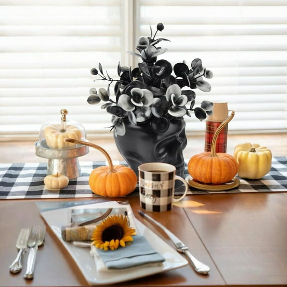 YIMWNYI Halloween Potted Plant Decoration, Artificial Pine Needle, Black Skull Landscapes, Indoor Holiday Party Decor, Easy Maintenance, No Watering Required, Halloween Home Decor