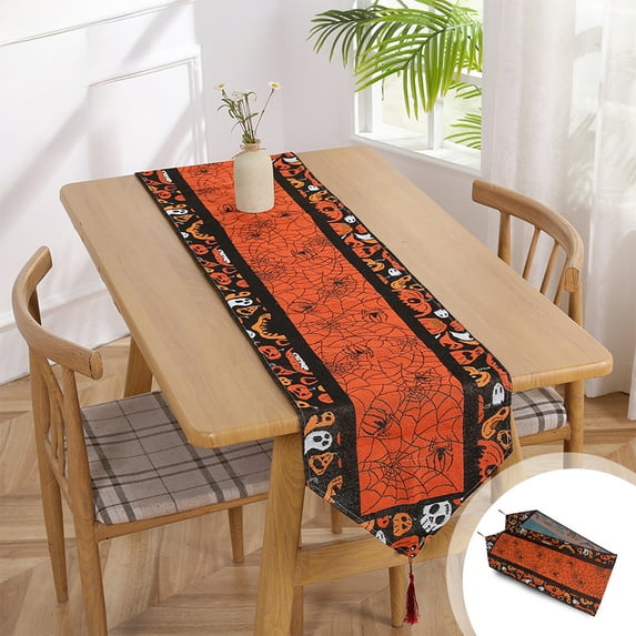 YIMWNYI Halloween Table Runner, Cobwebs Pumpkin Design, Spooky Decor for Dining Table, Versatile Linen Runners for Halloween Parties, Elegant Indoor Decoration
