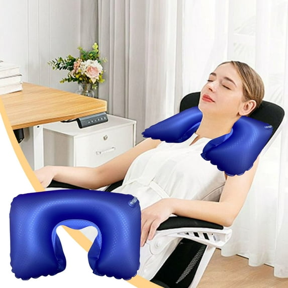 YIMWNYI Inflatable U Shaped Neck Pillow for Travel, Camping & Outdoor Use, PVC Flocked Cervical Support Pillow with Soft Velour Cover, Portable & Lightweight, Purple/Blue