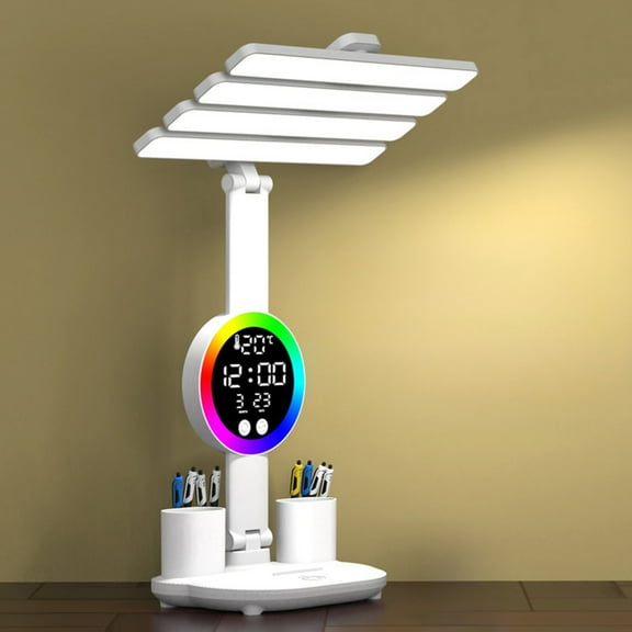 YIMWNYI LED Desk Lamp, Rechargeable Reading Light, Multi-Functional Folding Table Lamp with RGB Ambient Light, Digital Clock, and Fan, Perfect for Home Office, Study and Nightstand