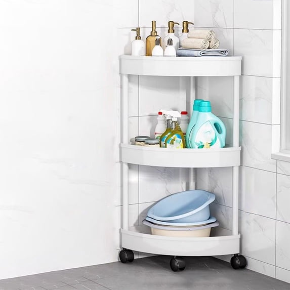 YIMWNYI Mobile Bathroom Corner Shelf, 3 Tier Rolling Cart with Wheels, Storage Organizer, Waterproof Plastic, Multi-functional for Toiletries and Snacks
