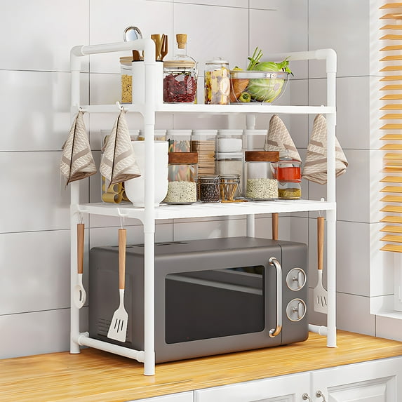 YIMWNYI Multi-Functional Kitchen Countertop Microwave Shelf, No-Drill Installation, Versatile Storage Organizer for Spice, Towels, and Utensils, Space-Saving with Extra Hanging Hooks