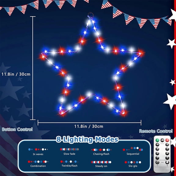 YIMWNYI Patriotic Decorations Glowing Pentagram Shaped Window Lights, Red White and Blue LED Lights with 8 Light Modes, Iron Forged Window Decorations for 4th of July, Memorial Day, and Holidays