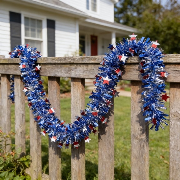 YIMWNYI Patriotic Star Tinsels Garland, Independence Day Decorations, 4th of July Party Supplies, Festive Foil Fringe for Home Decor, Reusable Streamer for Celebrations