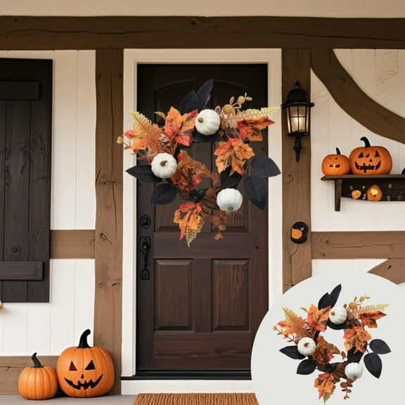 YIMWNYI Pumpkin Maple Leaf Decorative Wreath, Artificial Fall Wreath for Halloween, Thanksgiving, Harvest Festival Home Decor, Waterproof and Sunproof Autumn Wreath, Indoor and Outdoor Decoration