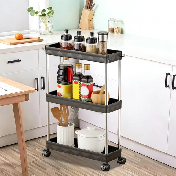 YIMWNYI Rolling Storage Cart, 3-Tier Kitchen Organizer, Slim Space-Saving Pantry Rack with Detachable Shelves and Hooks, Multi-Purpose Bathroom and Home Storage Trolley, Mobile Utility Cart