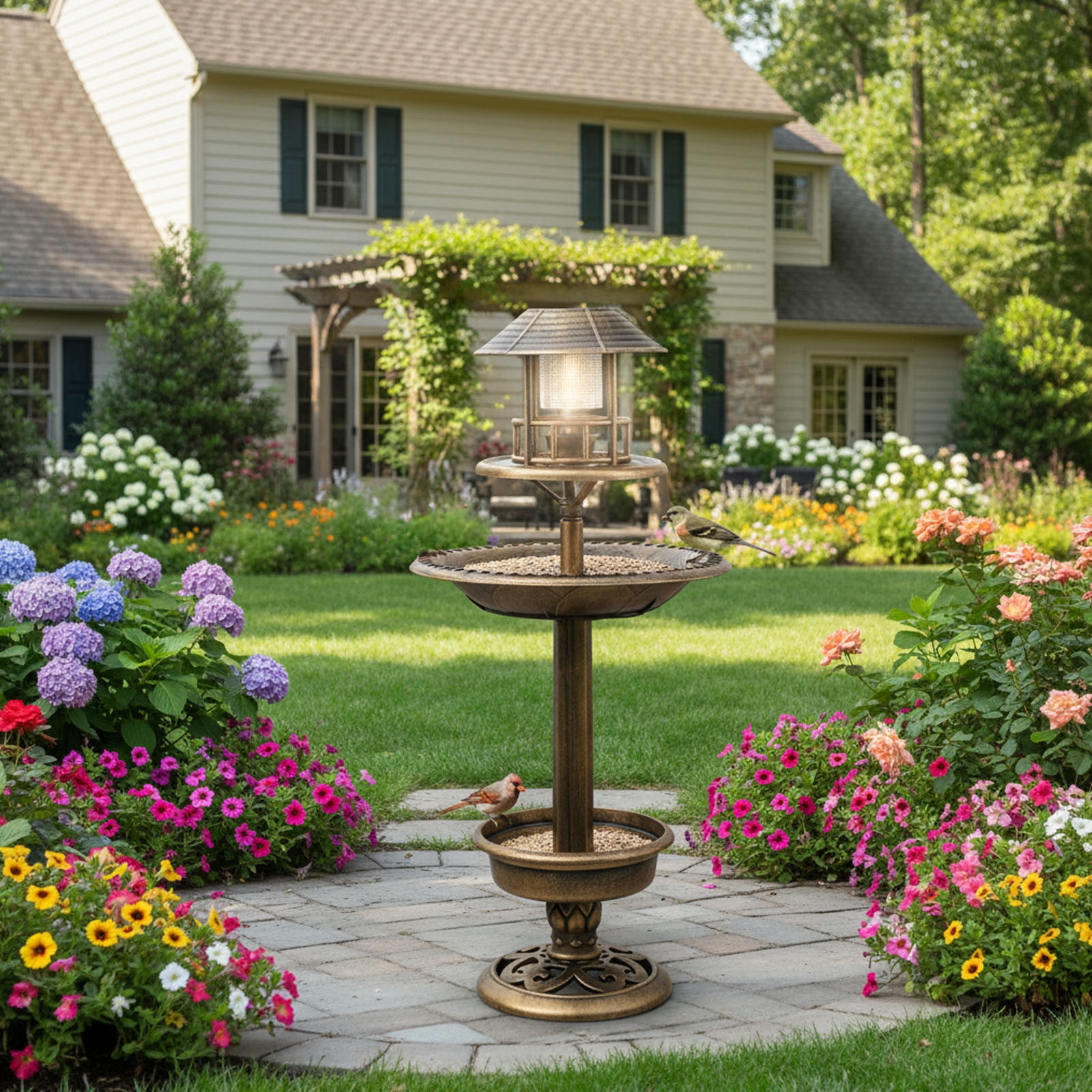 YIMWNYI Solar Birds Feeder, Vintage Outdoor Garden Bath with LED Solar Light, Multi-Functional Bird Waterer and Planter, Weather-Proof Design, Decorative Birdbath for Garden Wildlife Attraction