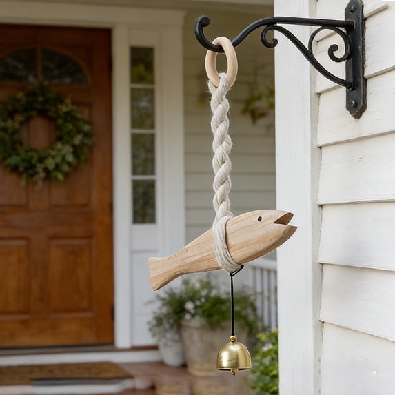 YIMWNYI Solid Wood Fish Shaped Doorbell, Handmade Wall Hanging Decor, Unique Housewarming Gift, Metal Pendant Chime, Versatile Home Decoration