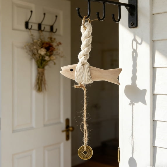 YIMWNYI Solid Wood Fish Shaped Doorbell, Handmade Wall Hanging Decor, Unique Housewarming Gift, Metal Pendant Chime, Versatile Home Decoration