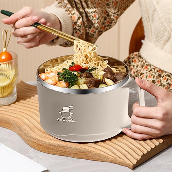 YIMWNYI Stainless Steel Instant Bowl with Lid, Large Capacity Drainable Rice Bowl, Lunch Box for Dormitory Use, Heat Preservation, Multipurpose for Noodles and Rice, Compact and Portable