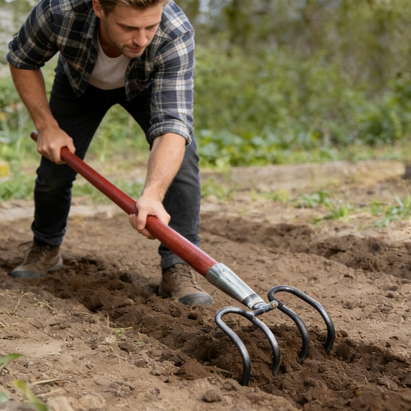 YIMWNYI All Steel Garden Rake, Heavy Duty Soil Loosening Tool, Manganese Steel Weeding and Turning Rake, Curved Four Tooth Agricultural Yard Tool for Soil Aeration and Garden Maintenance