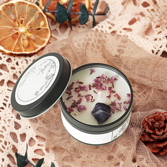 YIMWNYI Valentine's Day Dried Flower Crystal Aromatherapy Candle in Tinplate Can, Scented Candle with Natural Floral and Crystal Elements, Black, Gray, Gold