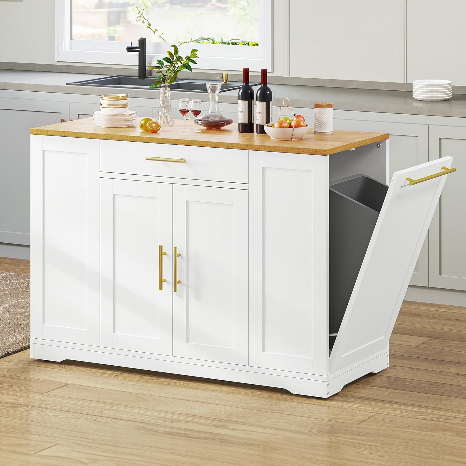 YINCHEN 53 inch Large Rolling Kitchen Island with Trash Can Storage