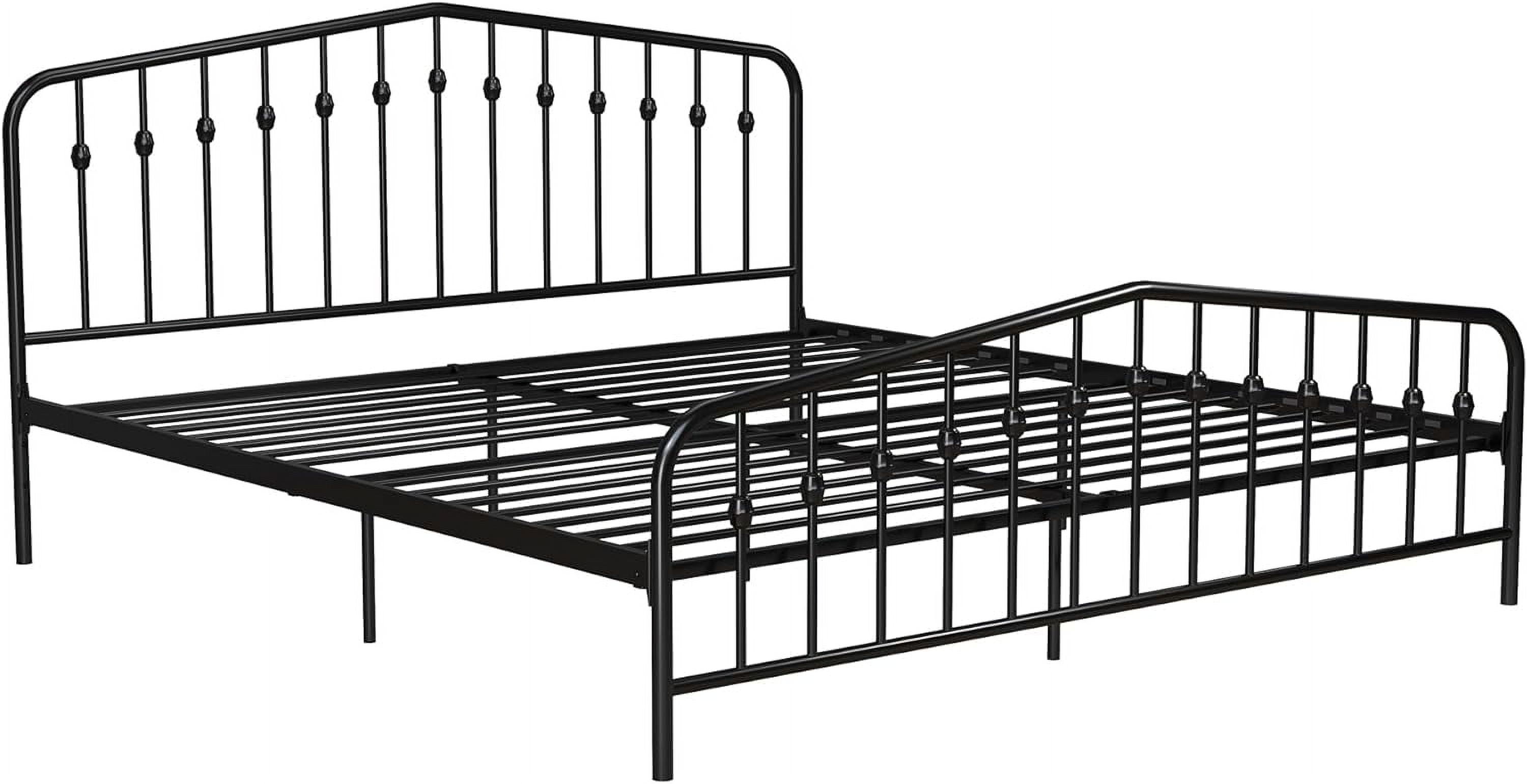 King-Sized Black Pine and Metal Upholstered Bed with Storage Drawer