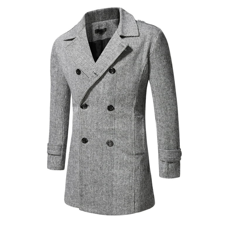 YINECHENCER Mens Trench Coats Winter Autumn Winter Trench Double Breasted Soild Color Button Lapel Pocket Large Size Long Sleeve Woolen Trench Coat