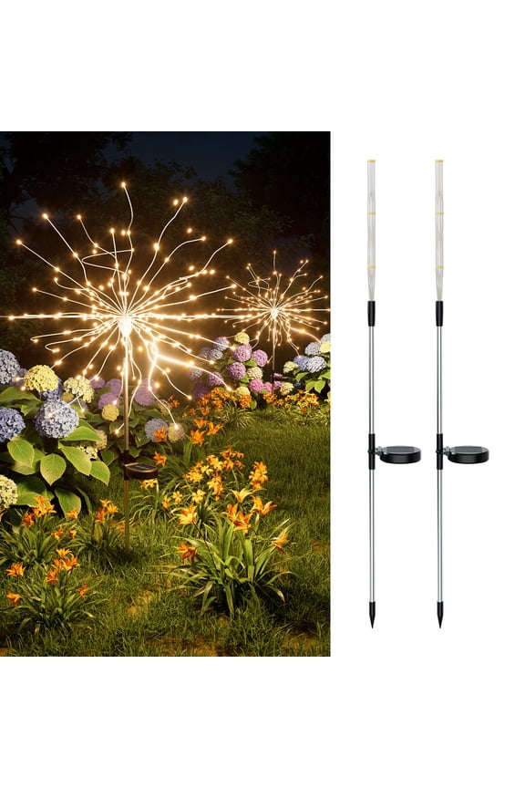 2 pack Golden Solar Fireworks Lights, 120 LED Waterproof Garden Starburst Lighting Lamp, Bendable Copper Wire Front Yard Decor, Flower Bed