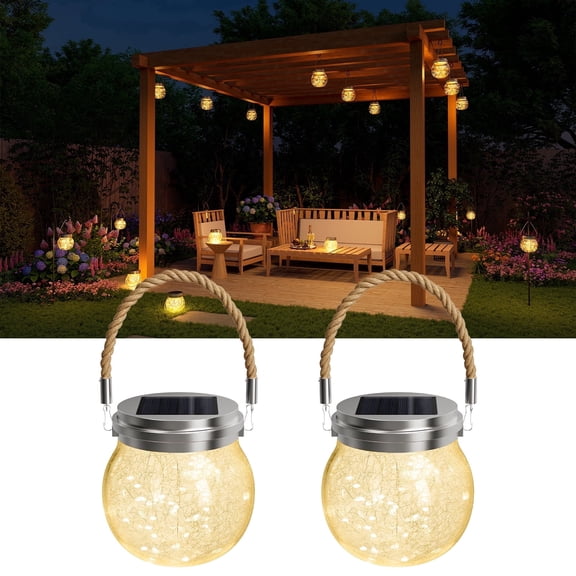 Yinghao 2 Pack Solar Crackled Glass Globe Lights Outdoor Waterproof Hanging Round Balls Lanterns with Warm White LED, Decorative for Outside Tree Garden Patio