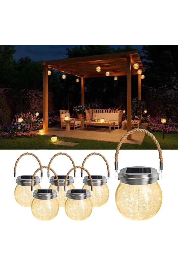 6 pack Solar Crackle Glass Ball Lantern Outdoor Waterproof Clear Sphere Hang 30 LED for Garden Lawn Yard Patio Porch Decor, Automatic on/off Design