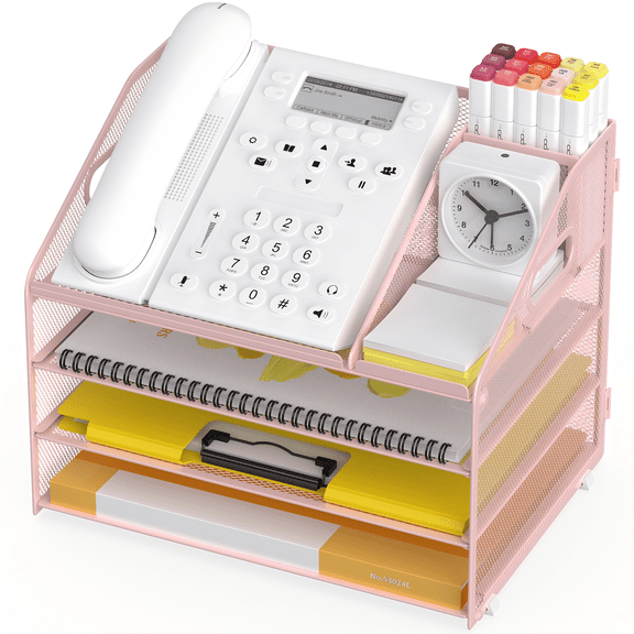 YINGHUA 4 Tier Metal Mesh Desk File Organizer with Phone Shelf, Pink | Desktop letter tray sorter features a 9.1x9.1 inch top phone holder, built-in sticky note compartment and pen holder