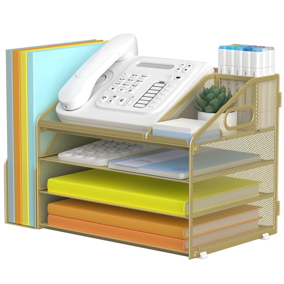 Yinghua 4-Tier Paper Letter Tray File Organizer, Mesh Desk Organizer with Handle & Pen Holder, Office Workspace Storage - Golden Yellow
