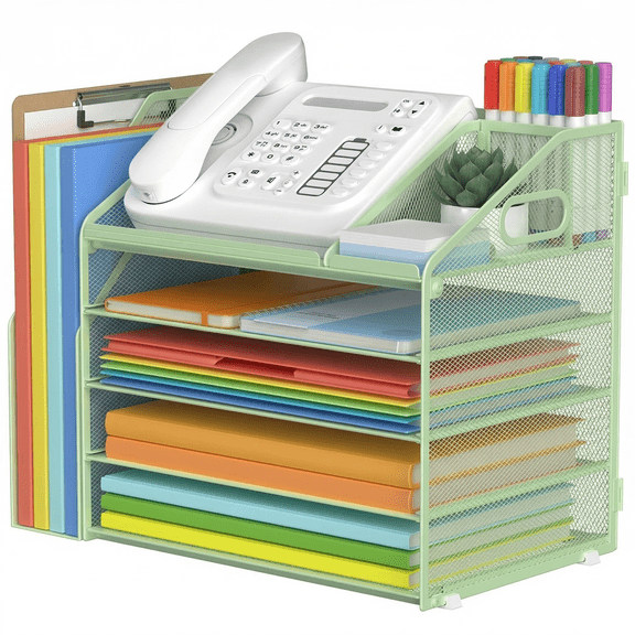 Yinghua 5-Tier Paper Letter Tray File Organizer, Mesh Desk Organizer with Handle & Pen Holder, Office Workspace Storage - Green