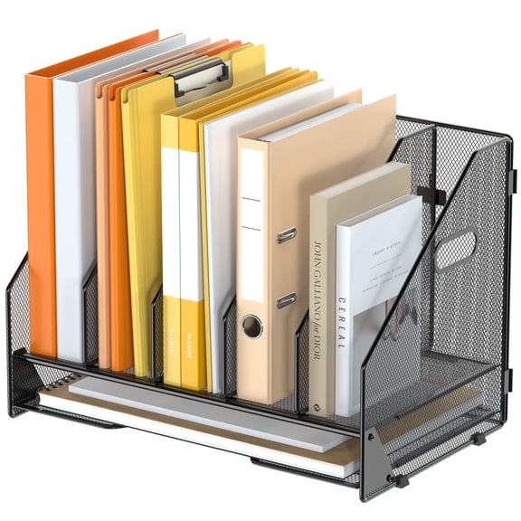 YINGHUA 5 Vertical Mesh Desk Organizer with Paper Letter Tray, Black | Sorting racks with lower letter tray section. Multipurpose mesh desktop space saver for home office