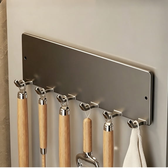 YINGLI Magnetic Utensil Hook Rack, No‑Drill Carbon Steel 6‑Hook Storage Holder for Refrigerator Microwave, Max 5 lbs Load, Gray