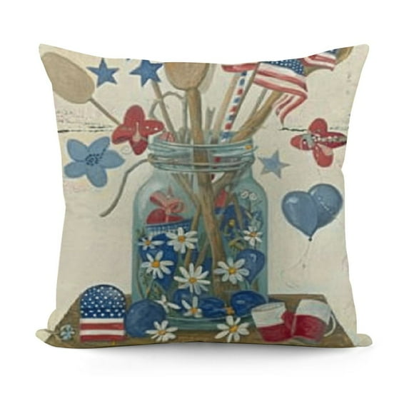 YINGXI 4th of July Mason jar Flower Stars Flag Decorative Pillow Covers for Sofa Couch 18x18in