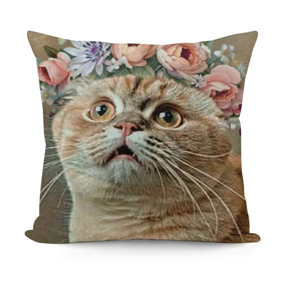 YINGXI Animals Throw Pillow Covers Cute Cat with Flower Wreath Decorative Square Pillowcase for Home Sofa Car Bedroom Decor 18x18in