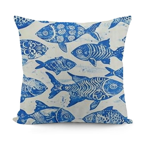 YINGXI Blue Pillow Cushion Cover, Fish Sea Animal with Ottoman Ornate Mosaic Hand Drawn Style Marine Artwork, Decorative Square Accent Pillow Case, Blue 12x12in