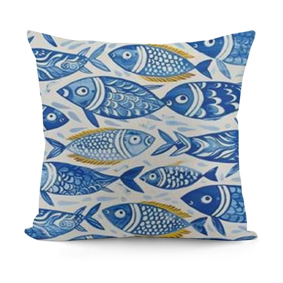 YINGXI Blue Pillow Cushion Cover, Fish Sea Animal with Ottoman Ornate Mosaic Hand Drawn Style Marine Artwork, Decorative Square Accent Pillow Case,Blue 18x18in