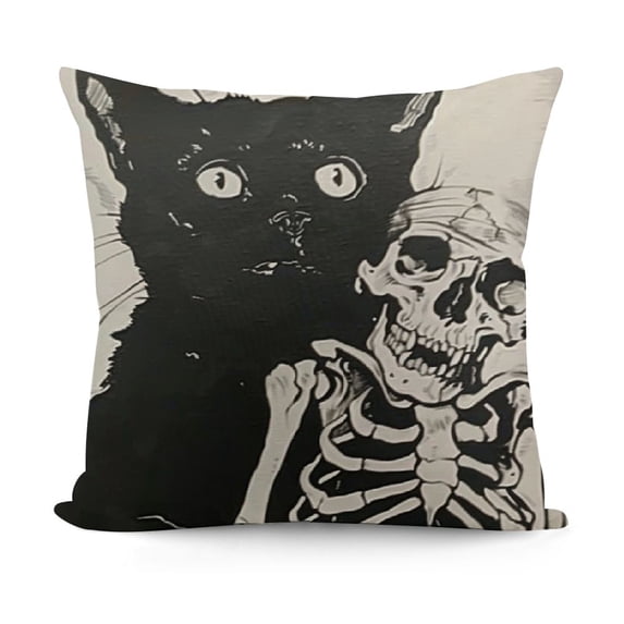 YINGXI Cat Lovers Gift,White Skull and Black Cat Pillow Covers Hallowmas Thanksgiving Farmhouse Outdoor Cat Lovers Room Throw Pillowcase Flannel Sofa Couch Decorative Cushion Case 12x12in