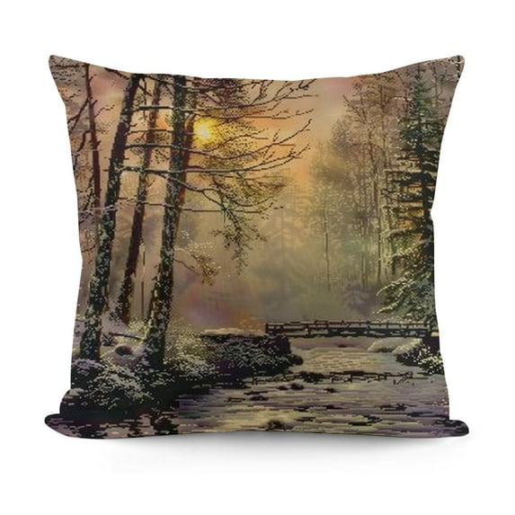 YINGXI  Colorful Decorative Pillow Covers, Winter Landscape with River Bridge Oil Painting Double Sided Square Throw Pillow Covers Sofa Decorative Pillowcase Cushion 12x12in