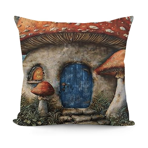 YINGXI  Fantasy Mushroom Cottage Throw Pillow Cover Colorful Meadow Landscape Plant Forest House Pillow Case Decorative Square Cushion for Home Couch Bed 18x18in