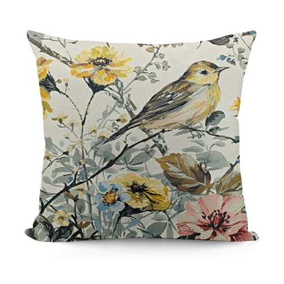 YINGXI Grey Birds & Flowers Pattern Curtain, Country Style Rustic Home Decor Window Drapery Bundle with Square Pillow Covers, Linen Textured Pillowcase for Bedroom Living Room 20x20in