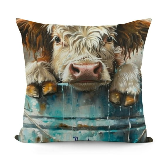 YINGXI This is Our Happy Place Highland Cow Art Throw Pillow Cover Decor Vintage Country Farmhouse Art for Gifts and Home Decor Flannel Pillow Cover 12x12in