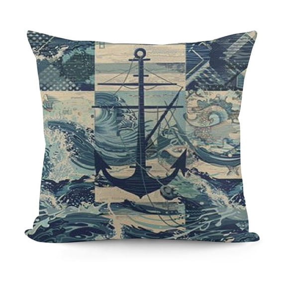 YINGXI Nautical Throw Pillow Cushion Cover, Marine Theme Wave Patterns in Patchwork Style Boxes Squares Striped Anchor Print, Decorative Square Accent Pillow Case,Blue Beige 24x24in