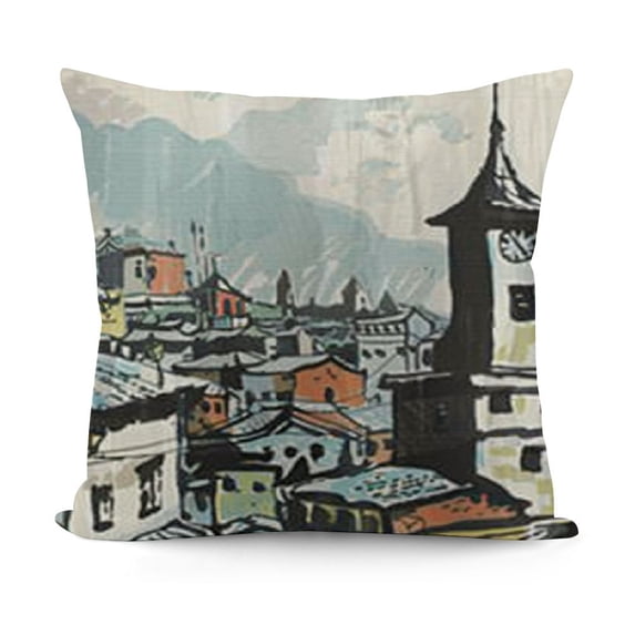 YINGXI Throw Pillow Cushion Cover, Hand Drawn Building of Durbar Mountains and Buildings in Tourist Attraction, Decorative Square Accent Pillow Case,Multicolor 18x18in