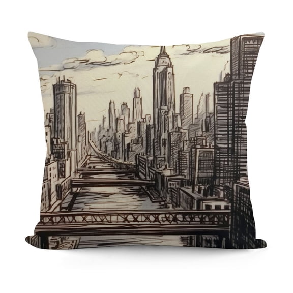 YINGXI  Throw Pillow Cushion Cover, Hand Drawn NYC Cityscape Tourism Travel Industrial Center Town Modern City Design, Decorative Square Accent Pillow Case, Black White 24x24in
