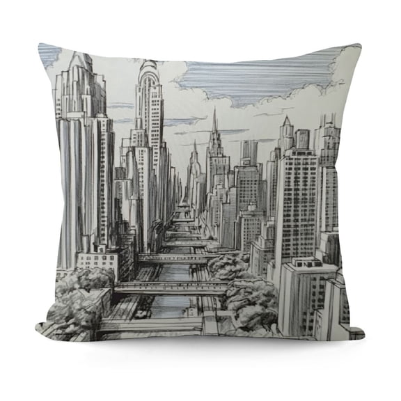 YINGXI Throw Pillow Cushion Cover, Hand Drawn NYC Cityscape Travel Industrial Center Town Modern City Design, Decorative Square Accent Pillow Case, Black White 18x18in