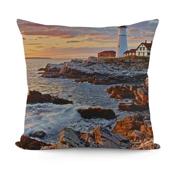 YINGXI United States Throw Pillow Cushion Cover, Portland Lighthouse USA Coast Scenery, Decorative Square Accent Pillow Case, Pale Blue Tan 24x24in