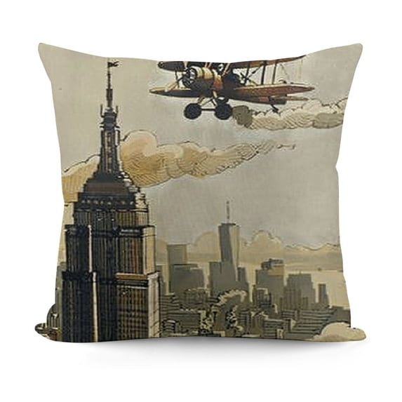 YINGXI Vintage Throw Pillow Cushion Cover, Cartoon Style in Modern City Clouds and High Rise Buildings, Decorative Square Accent Pillow Case, Tan White 22x22in