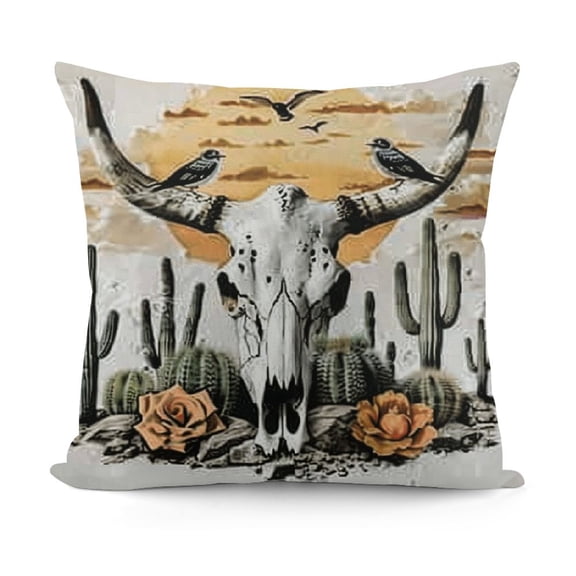 YINGXI Western Desert Cow Skull Cactus Flannel Pillow Cover,Boho Cow Print Pillow Cover Western Bull Skull Cushion Pillow Case Home Decoration,Western Bull Cow Skull Pillowcases 20x20in