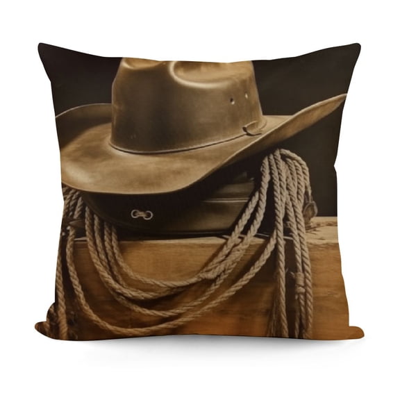 YINGXI Western Throw Pillow Cushion Cover, Wild West Themed Cowboy Hat and Old Ranching on Wooden Display Rodeo Cowboy Style, Decorative Square Accent Pillow Case,Brown 12x12in